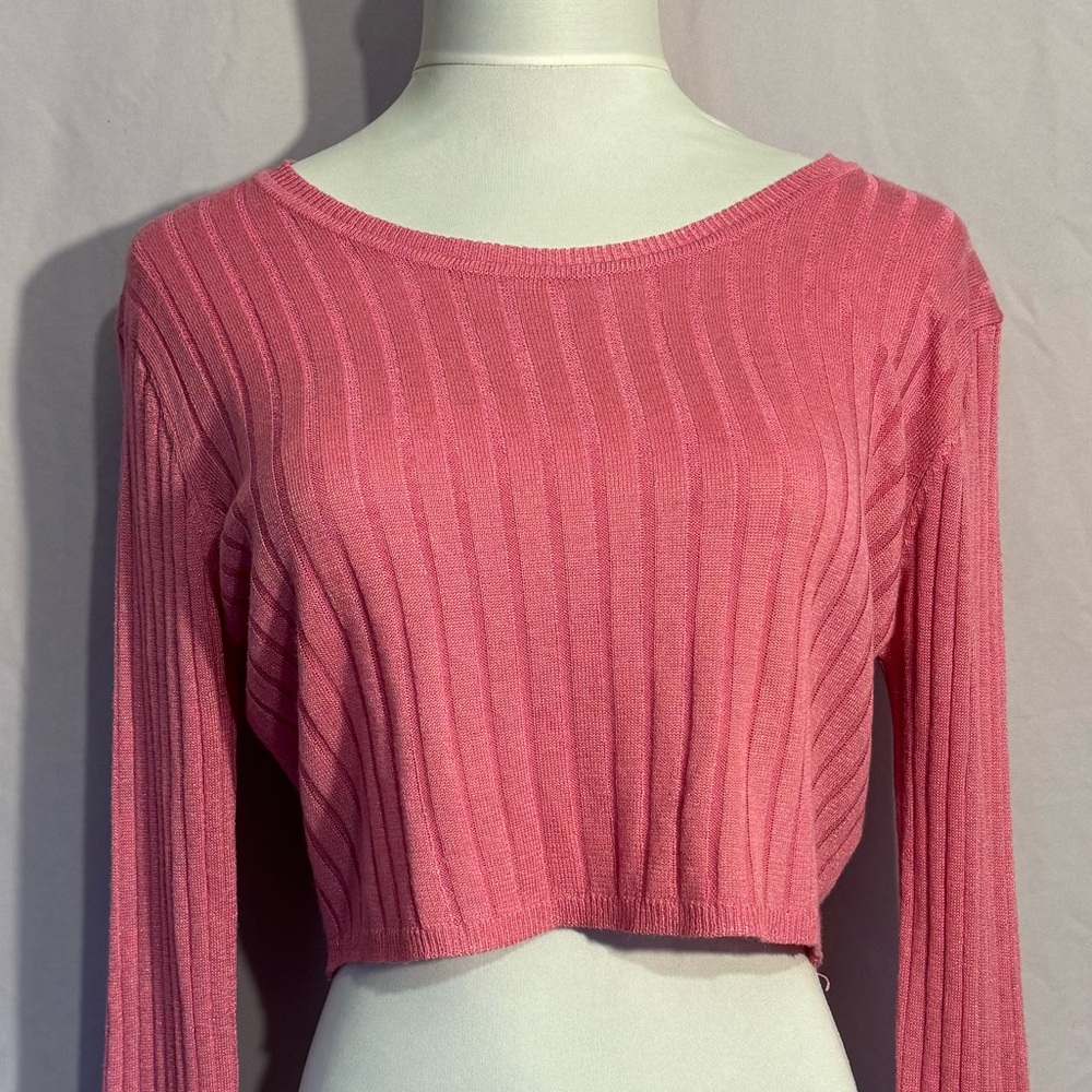 ALBA Fashion Pink Ribbed Knit Cropped Long Sleeve Top